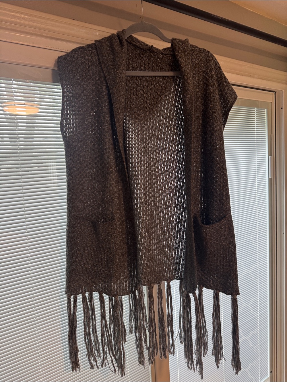 Fringed Hooded Open Knit Vest